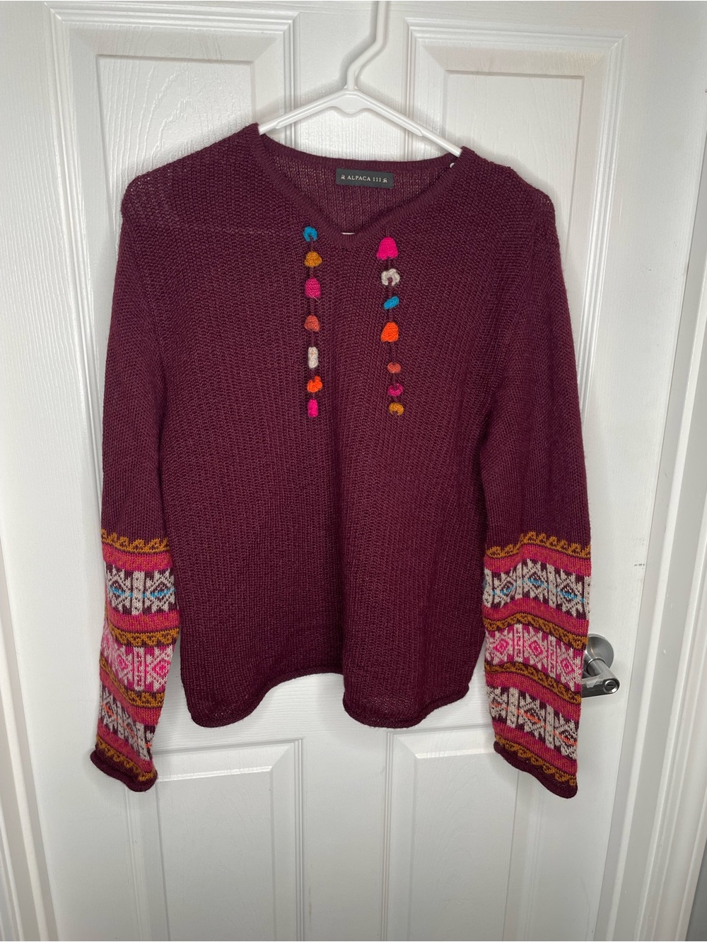 Alpaca 111 Peruvian Alpaca Fair Isle Knit Sweater Pom Pom Accented in Maroon L